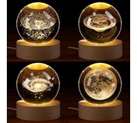 Yalikop 4 Pcs 3D Solar System Crystal Ball 2.4 Inch/ 60 mm Saturn Galaxy Moon Decorative Ball with LED Wooden Base Laser Engraved Model Astronomy Decor for Physics Enthusiasts Space Model Collectors