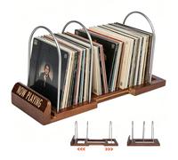 Yalitrca Adjustable Vinyl Record Storage Stand, Expandable LP Holder for 30-70 Albums, Wood & Metal Record Rack with Now Playing Display, Desktop Vinyl Organizer for Albums and Music Lovers