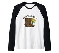 Yall Need Jesus Cowboy Boots Sunflower Christian Faith Raglan Baseball Tee