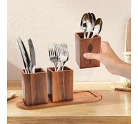 Yallmie 3 Pieces Kitchen Utensil Holder, Cutlery Holder Wooden Kitchen Utensil Organiser Counter Top, Silverware Holder With Drainage Utensil Caddy Tableware Storage, Cutlery Holder For Table