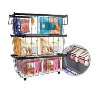 Yallmie Chest Freezer Organiser Bins, Stackable Chest Freezer Baskets with Foldable Handle Freezer Storage Baskets, Easy Get Food Sort Food Air Circulation for 5-7 In Chest Freezers (3-Black)