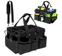 Yallmie Cleaning Caddy Bag with Handle, Cleaning Products Organiser Adjustable Gardening Tool Storage Bag, Caddy Organiser Large Multi Pocket Bucket Tool Bag for Home, Car, Garden, Craft (Black)