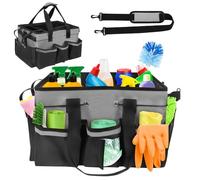 Yallmie Cleaning Caddy Bag with Handle, Cleaning Products Organiser Adjustable Gardening Tool Storage Bag, Caddy Organiser Large Multi Pocket Bucket Tool Bag for Home, Car, Garden, Craft (Grey)