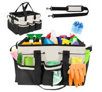 Yallmie Cleaning Caddy Bag with Handle, Cleaning Products Organiser Adjustable Gardening Tool Storage Bag, Caddy Organiser Large Multi Pocket Bucket Tool Bag for Home, Car, Garden, Craft (White)