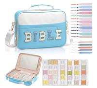 Yallmie Large Chenille Letter Bible Cover Case for Women, Quilted Bible Case 12 Highlighters, 5 Black Ballpoint Pens, 2 Set Labels, Bible Storage Bag with Handle Shoulder Strap (Blue)