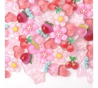 YALOJE 50pcs Junk Case Charm Kit, Pink Fruit Flower Heart Bow Resin Charm, Bulk 3D Flatback Aesthetic Decoration DIY Supplies for Phone Case, Crafts, Jewelry Making- 9 Styles