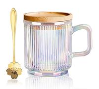 Yalucky Clear Glass Mug with lid and Cherry Blossoms Spoon, Tea Mugs Coffee Glass Cup, Pretty Mug for Milk Latte Chocolate Juice Water for Women Men Birthday Christmas (White)