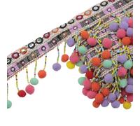 Yalulu 5 Yards Rainbow Ethnic Pom Pom Tassel Embroidery Lace Trim Boho Pompom Sewing Tassel Trim Clothes Fabric Accessories