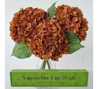 YalzoneMet 3 Pcs Coffee Brown Hydrangea Artificial Flowers 21'' Real Touch Latex Hydrangea Fake Flowers for Fall Home Decor Party Kitchen Bedroom Bronze Vintage Flower Table Centerpieces