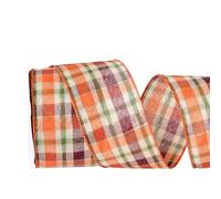 YAMA Fall Burlap Wired Ribbon 2.5 Inches x 10 Yards, Orange Buffalo Plaid Ribbon Fall Wired Gingham Ribbon for Fall Wreaths Thanksgiving Halloween Party Decorative (B)