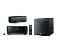 Yamaha RX-V6A 7.2-Channel AV Receiver with MusicCast, 10" 100W Powered Subwoofer, and NS-C210BL Center Channel Speaker Bundle - Enhance Your Home Theater Experience