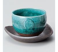 Yamakiikai Japanese Mino-yaki Ceramic Tea Cup Matcha Bowl w/Saucer, Turquoise Kimura 220cc Japan Import M1364