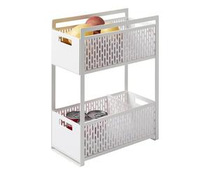 YAMAZAKI 5218 TOWER 2-Tiered Storage Basket Set, White, ABS Resin/Steel/Silicone, Minimalist Design, 16 x 32.5 x 46 cm (LxWxH)