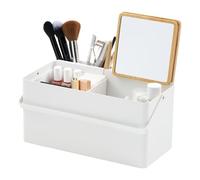 YAMAZAKI 5453 TOWER Makeup Box, white, Steel/Wood/Mirror/ABS Resin, Minimalist, 31 x 15 x 15.7 cm