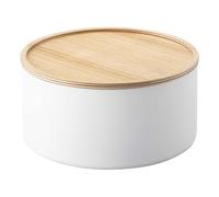 YAMAZAKI 5803 RIN Storage Case With Lid Round Deep, white, Steel/Wood, Minimalist, 22 x 22 x 11 cm