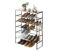 YAMAZAKI Tower 6-Tiered Wood-Top Shoe Rack, black | Steel / Wood, Included Hooks for Extra Storage, Perfect for Narrow Entryways, 25 x 66 x 87 cm, Japanese Design