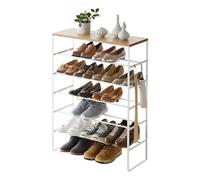 YAMAZAKI Tower 6-Tiered Wood-Top Shoe Rack, white | Steel / Wood, Included Hooks for Extra Storage, Perfect for Narrow Entryways, 25 x 66 x 87 cm, Japanese Design