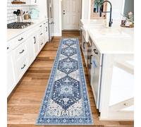 Yamaziot Washable Runner Rug, 2x10 Non-Slip Boho Vintage Hallway Rug Runner with Rubber Backing, Stain Resistant & Low Pile Faux Wool Distressed Carpet Runner for Kitchen, Laundry, Entrance, Blue