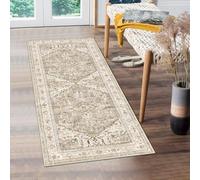 Yamaziot Washable Runner Rug, 2x5 Non-Slip Boho Vintage Hallway Rug Runner with Rubber Backing, Stain Resistant Faux Wool Distressed Carpet Runner for Kitchen, Laundry, Entrance, Beige Brown