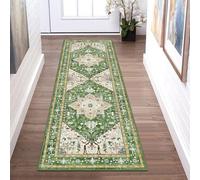 Yamaziot Washable Runner Rug, 2x6 Non-Slip Boho Vintage Hallway Rug Runner with Rubber Backing, Stain Resistant & Low Pile Faux Wool Distressed Carpet Runner for Kitchen, Laundry, Entrance, Green