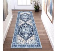 Yamaziot Washable Runner Rug, 2x6 Non-Slip Boho Vintage Hallway Rug Runner with Rubber Backing, Stain Resistant & Low Pile Faux Wool Distressed Carpet Runner for Kitchen, Laundry, Entrance, Blue
