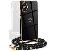 YAMCCCSE Case for Xiaomi Poco F7 5G with Cord Necklace, Case with Cord Love Heart Design TPU Cover, Adjustable Collar, Mobile Phone Lanyard Case Cover, Gold Black