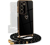 YAMCCCSE Cover for Vivo V40 SE 5G with Necklace Love Heart Case for Silicone Slim Strap Case with Camera Protection Gold Plating Bumper Frame, Black
