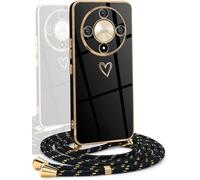 YAMCCCSE Mobile Phone Chain for Honor Magic 7 Lite 5G Case with Strap, Shockproof Silicone Mobile Phone Case with Love Heart Electroplating Cord Protective Case, Women Girls Case with Strap, Black