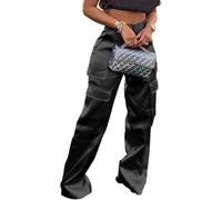 Yameay Satin Cargo Pants for Women High Waisted Multiple Pockets Wide Leg Trouser, Black, S