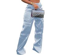 Yameay Satin Cargo Pants for Women High Waisted Multiple Pockets Wide Leg Trouser, Light Blue, S