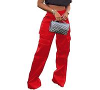 Yameay Satin Cargo Pants for Women High Waisted Multiple Pockets Wide Leg Trouser, Red, M