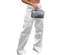 Yameay Satin Cargo Pants for Women High Waisted Multiple Pockets Wide Leg Trouser, White, S