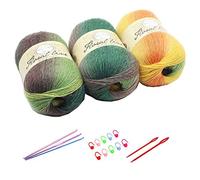YAMEE 3X 100g Rainbow Wool Yarn Balls Chunky Knit Double Pom Pom Coloured Chunky Wool with 3 Crochet Hooks, 2 Needles, 10 Crochet Locking Stitch Markers for Beginners (204)