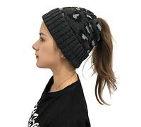YAMEE Womens Winter Ponytail Beanie Hat Wool Warm Soft Knitting Outdoor Hats Snow Leisure Messy Bun Beanie (Leopard-Gray)