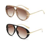 YAMEIZE Oversized Pilot Sunglasses for Women Men Round 70s Retro Double Bridge Vintage Large Big Frame Punk Sun Glasses UV400 (ChampagneBrown+BlackBrown)