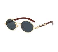 YAMEIZE Retro Round Wood Sunglasses for Women and Men Small Oval Vintage Metal Frame Wooden Temple Sunglasses UV400