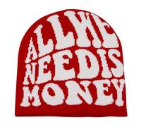 YAMEIZE Trendy Beanie Hat for Women Men - Money Letter Graphic Beanies Soft Slouchy Knitted Hat Grunge Rap Skull Cap Red White