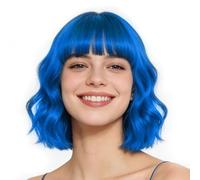 Yamel Blue Bob Curly Wig with Bangs Short Wavy Synthetic Wigs for Women Costume Party Cosplay Halloween 12 Inch