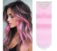 Yamel Colored Hair Extensions 10 Pieces 20 inch Bright Pink Clip in Hair Extensions for Women Synthetic Straight Hairpieces for Christmas Costume Party