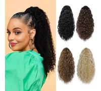 YAMEL Drawstring Ponytail Extension for Women Dark Blonde Mix Bleach Blonde Synthetic 14 Inch Short Wavy Clip in Ponytail Hair Extensions