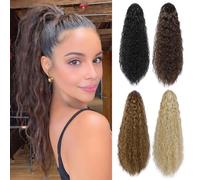 YAMEL Drawstring Ponytail Extension for Women Saddle Brown Mix Camel Brown Synthetic 22 Inch Long Wavy Clip in Ponytail Hair Extensions