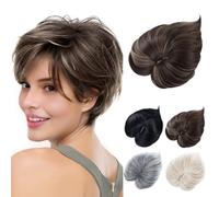 Yamel Hair Topper with Bangs 3 Clips Multi-Dimensional 7 Inches Short Synthetic Wiglets Natural Hairpieces for Thinning Hair Natural Brown mix Dark Blonde