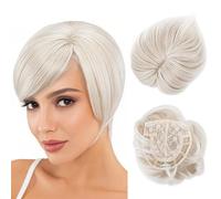 Yamel Hair Topper with Bangs for Women 3 Clips Multi-Dimensional 7 Inches Short Synthetic Wiglets Natural Hairpieces for Thinning Hair White Blonde