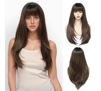 Yamel Hair Wigs with Fringe Balayage Brown 24 Inch Adjustable Cosplay or Daily Natural Straight Long Wigs for Women Lady