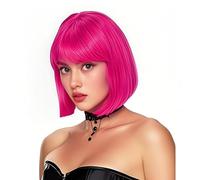 Yamel Hot Pink Bob Wig with Bangs 12 Inches Short Straight Synthetic Hair Costume Party Cosplay Halloween Wigs for Women
