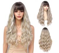 Yamel Long Wigs for Women with Fringe 24 inch Adjustable Curly Wavy Cosplay Daily Use Synthetic Hair Wig Balayage Blonde Wigs