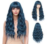 Yamel Long Wigs for Women with Fringe 24 inch Adjustable Curly Wavy Synthetic Hair Wig Cosplay Daily Use Blackish Blue Wigs