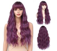 Yamel Long Wigs for Women with Fringe 24 inch Adjustable Curly Wavy Synthetic Hair Wig Cosplay Daily Use Mixed Purple Wigs
