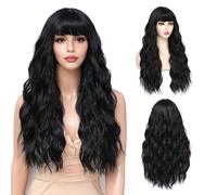 Yamel Long Wigs for Women with Fringe 24 inch Adjustable Curly Wavy Synthetic Hair Wig Cosplay Daily Use Natural Black Wigs