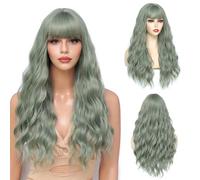 Yamel Long Wigs for Women with Fringe 24 inch Adjustable Curly Wavy Synthetic Hair Wig Cosplay Daily Use Haze Green Wigs